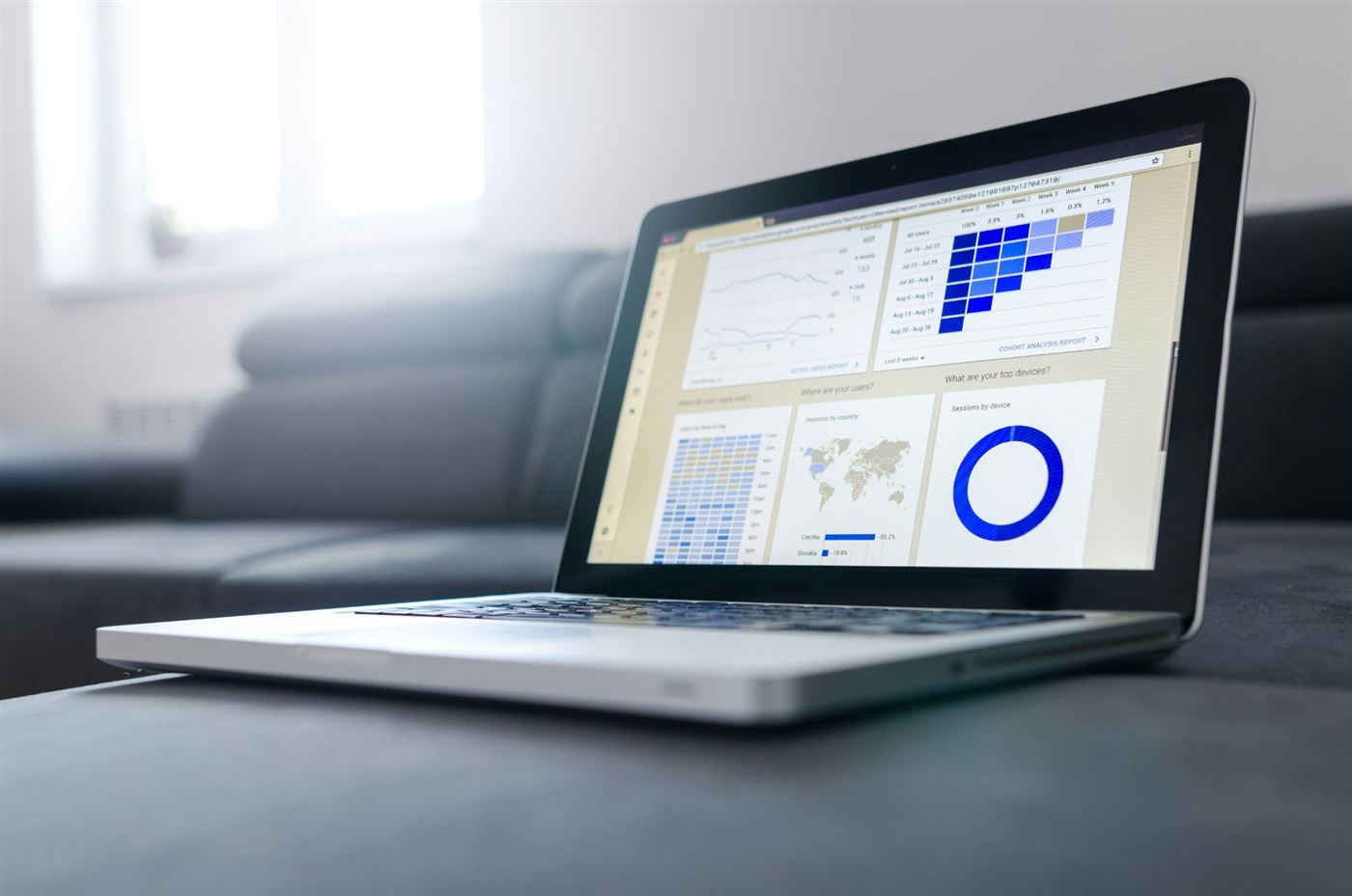 A laptop showing a business dashboard with charts and reports